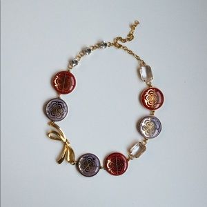 Gold Tone Necklace with Red and Lilac Accents